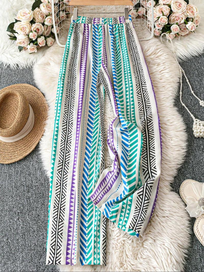 Women's All Over Print Tie Waist Wide Leg Pants, Boho Casual Comfy Trousers for Daily Holiday Vacation Wear, Women's Bottoms for Summer, Bohemian Street Trousers