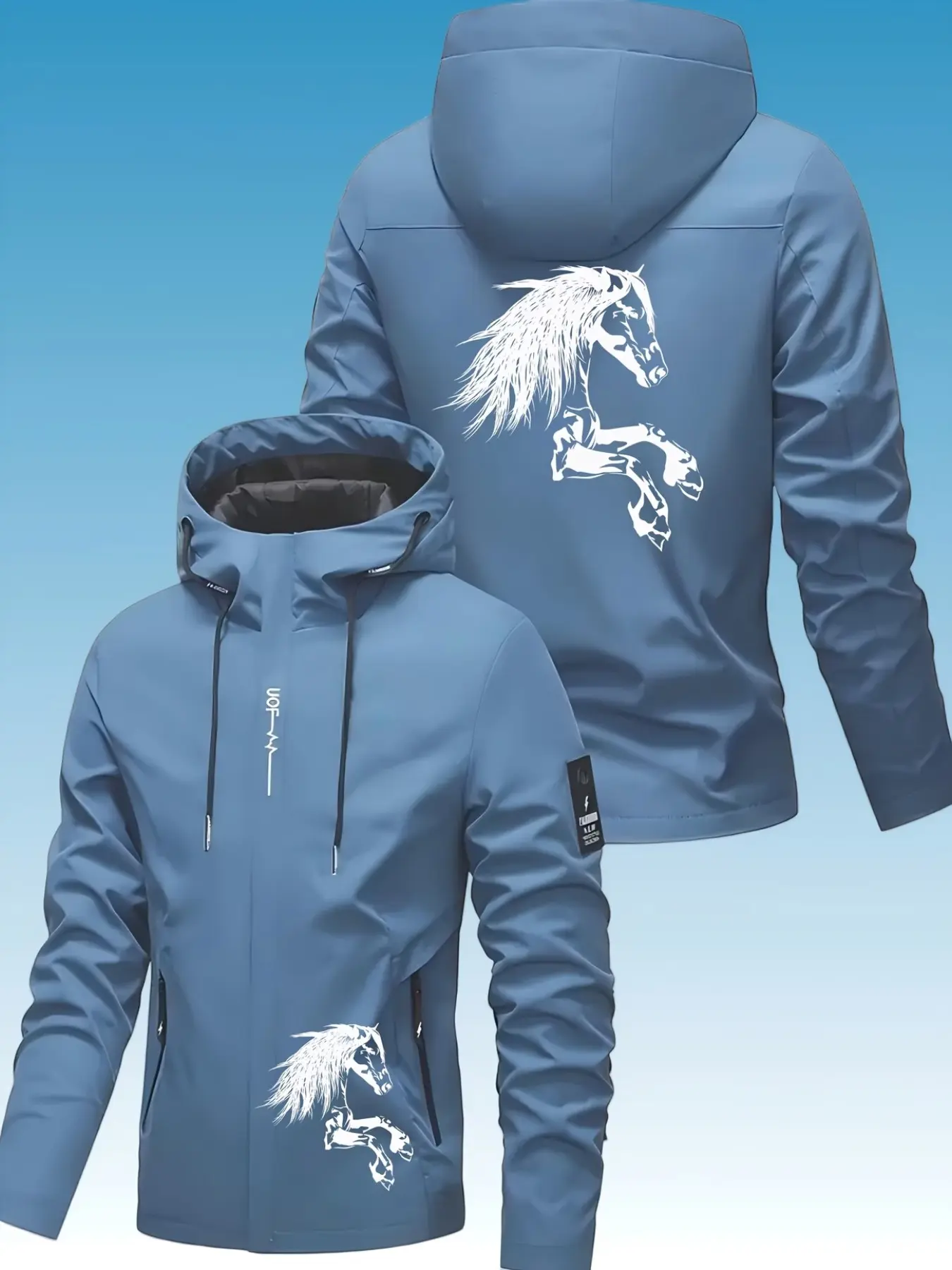 New Men's Loose Elegant Jacket, Outdoor Clothing, Horse Print Full Zip Hooded Jacket, Windproof Pilot Coat, Unisex