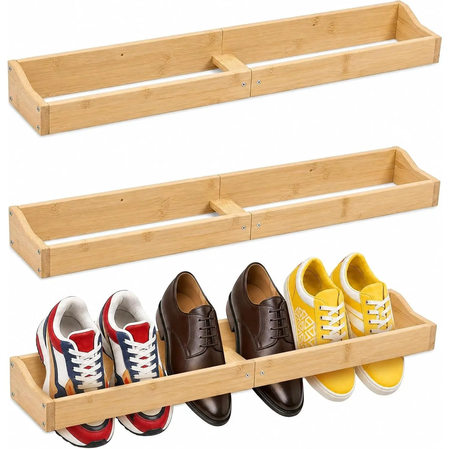 Wooden Shoe Rack Storage Organizer - 3 Pcs Wall Mounted Floating Shoe Shelves, Holds 3 Pairs, Space Saving Shoe Holder for Entryway Hallways Mudroom