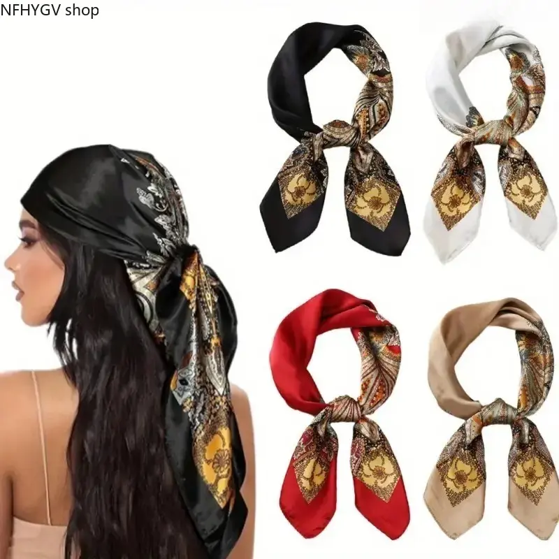 Unisex Daily Head Accessory Hair Scarf Set, 4PCS 27 Inch Square Satin Silk Bandana Multipack With UV Sun Protection Function, Glossy Elegant Decorative Head Wrap Gear Suitable For Fashion Outfit Matching, Daily Casual Looks And All Kinds Of Sports