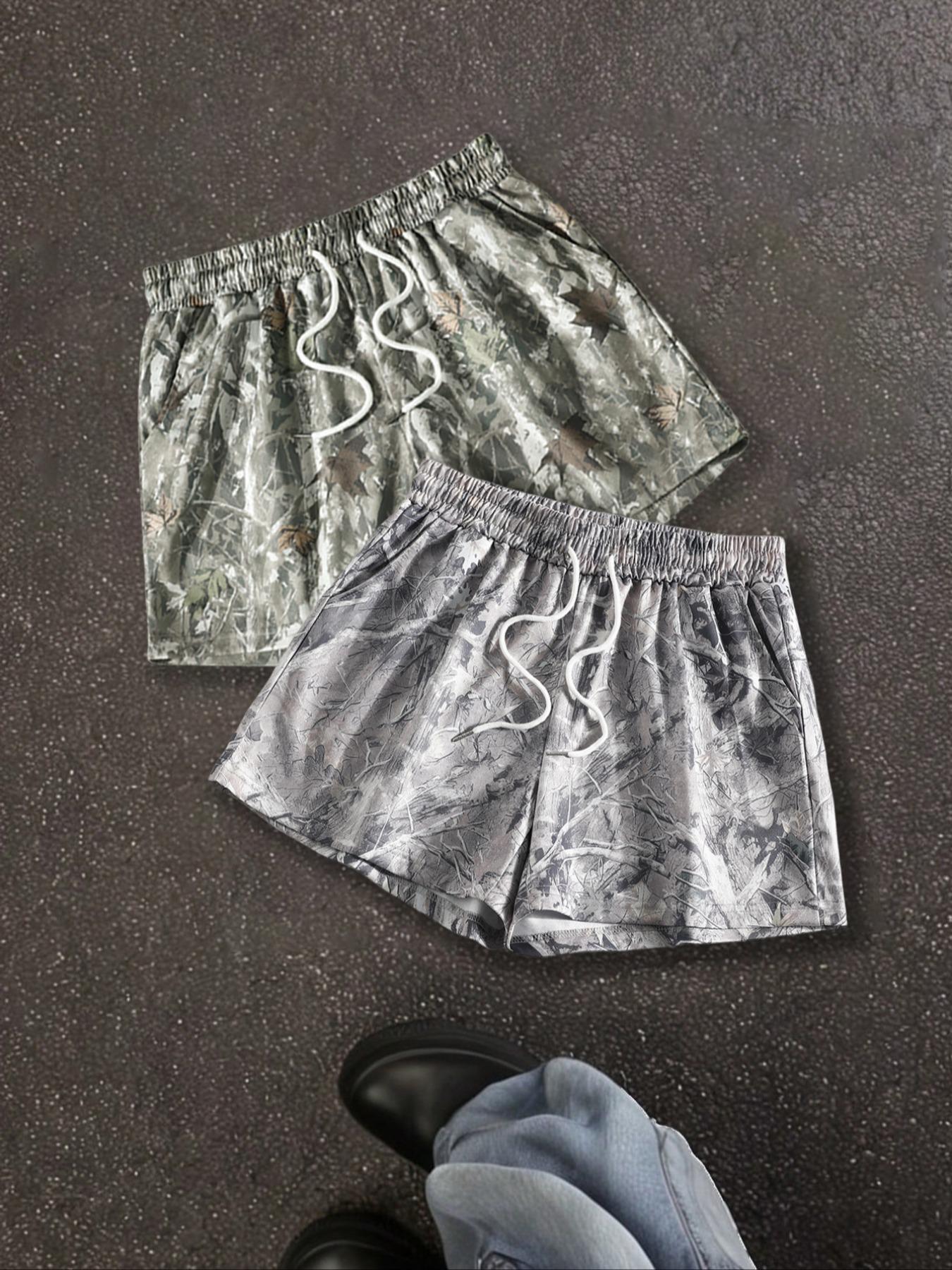 Unisex Branch-Print Camouflage Shorts, Casual Comfy Breathable Bottoms for Summer, Streetwear Shorts for Daily Wear
