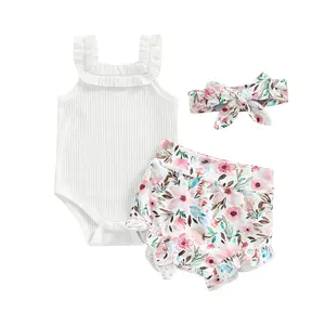 Meihuida Newborn Baby Girl Summer Clothes Floral Infant Sleeveless Ribbed Romper Bodysuit Shorts Headband 3Pcs Outfits