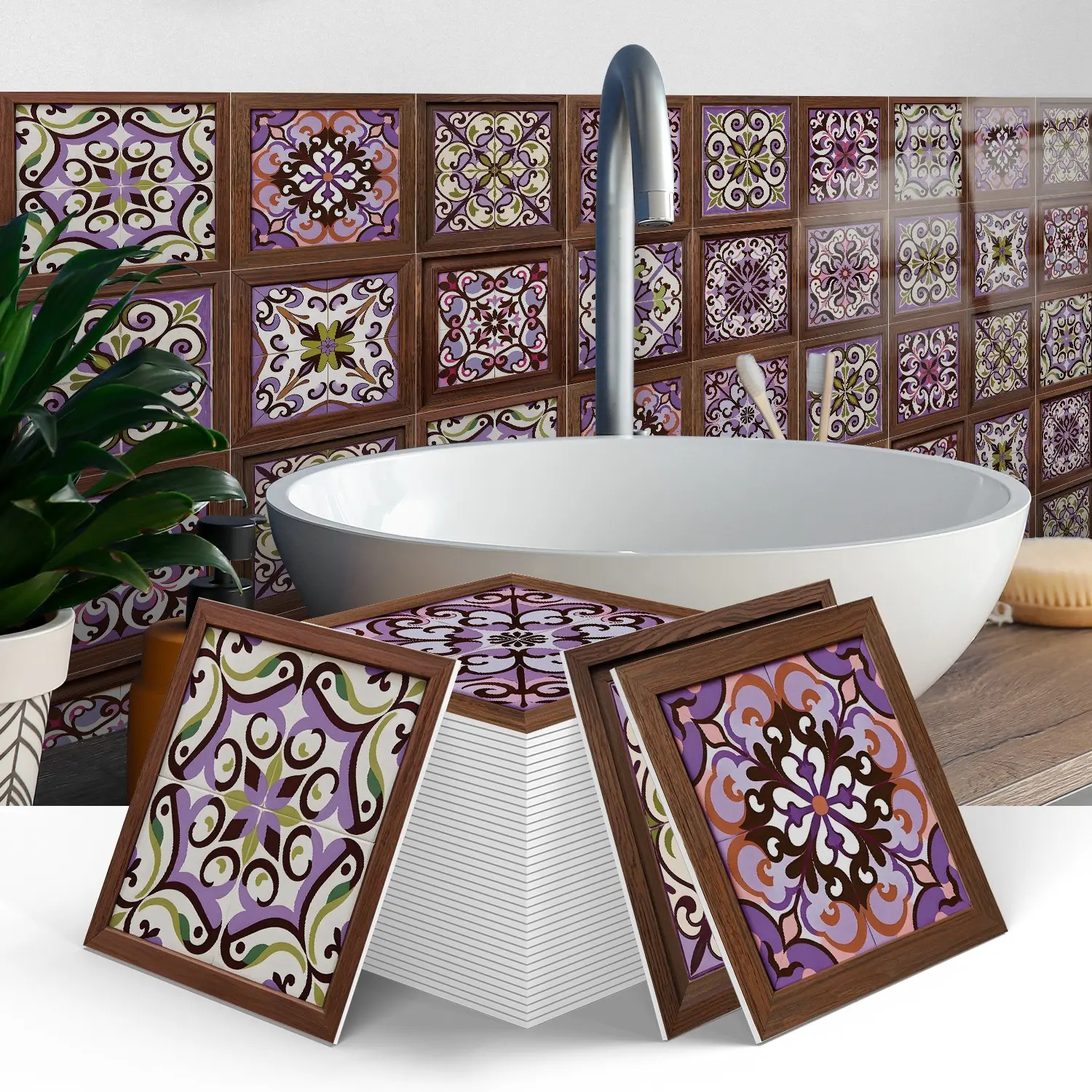 12PCS/24PCS/Box ART PE Crystal Tile Stickers Gift Box, Purple Tone Vintage Moroccan Square Self‑adhesive Tile Decals, Peel & Stick Waterproof Oil‑proof DIY Backsplash for Kitchen, Bathroom, Floor, Tile & Wood Surfaces Home Decor