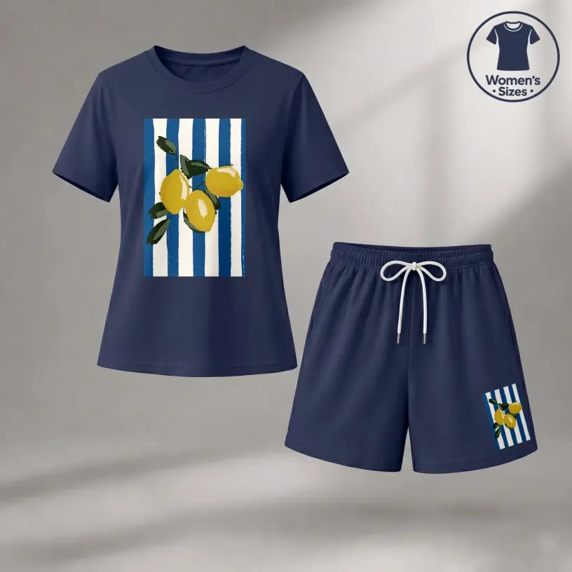 Women's Lemon Graphic Short Sleeve T-Shirt And Shorts Set, Casual Summer Two-Piece Outfit With Crew Neck Top And Drawstring Waist Shorts For Daily Wear