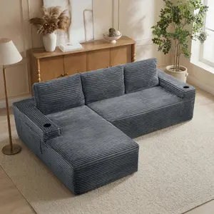 104" Cloud Modular Sectional Sofa Couch, L-Shape Chaise with Deep Seats, Corduroy Upholstery, Built-in Cup Holders & Storage Pockets,No Assembly Required