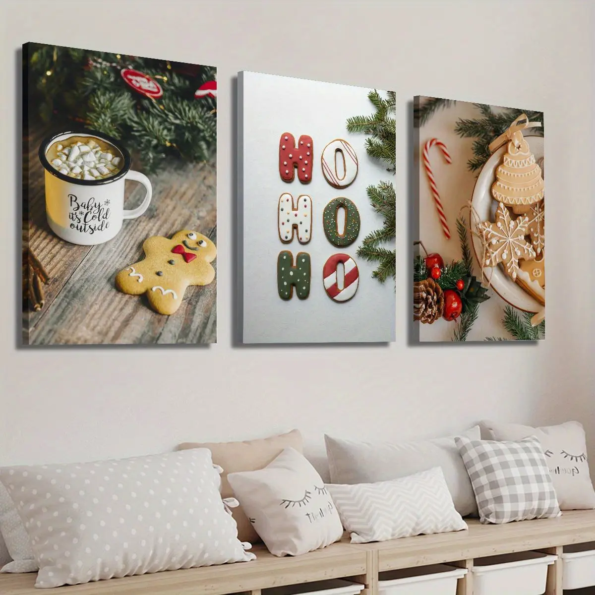 3-piece framed set - Christmas cookie cocoa holiday-themed canvas wall art, 2D flat design, suitable for Halloween, Christmas, winter, and summer, luxurious interior decoration, suitable for him/her, bedroom, living room, bathroom, homAesthetic Room Decor