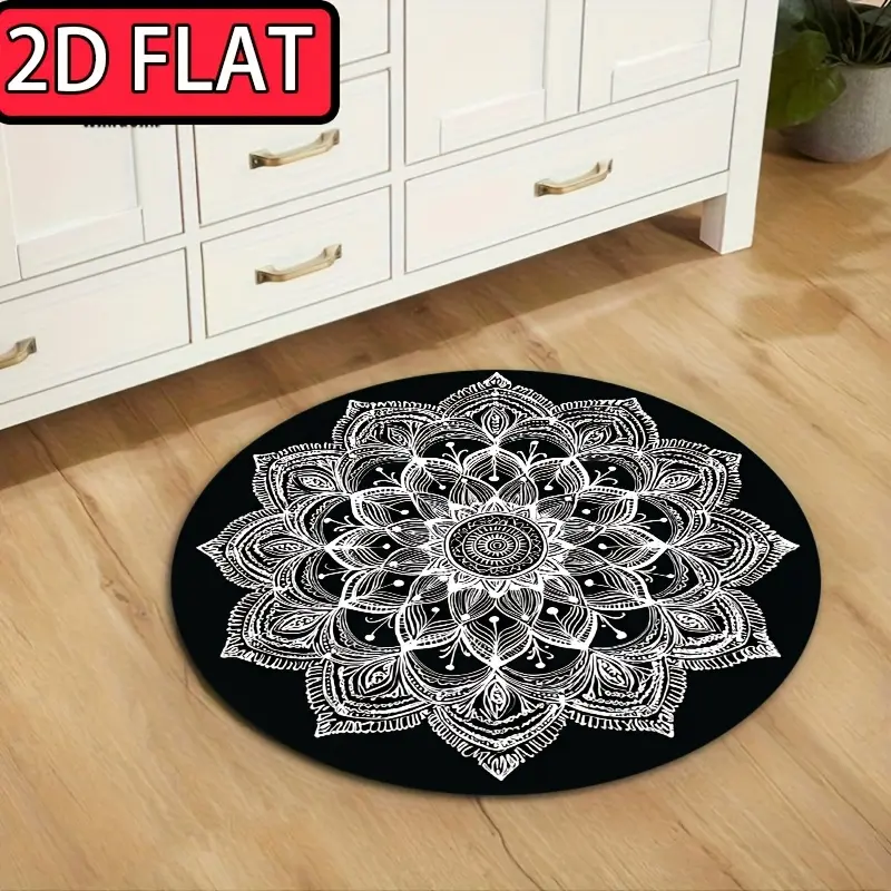 2D Flat Printed Flannel Elegant Grey Mandala Patterned Area Carpet | Round, Washable, Non-Slip Mat for Living Room, Bedroom, Kitchen, Patio, Dining Room | Stylish Home And Outdoor Decor, Large Area, Machine Made