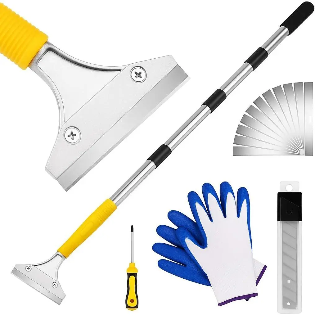 Tool 5.4ft (65in) Adjustable Floor Long Handle Heavy Duty Paint Scraper 4 Inch Razor Blade Scraper for Windows Glass Cleaning Shower Gum Tile Scraper Ceiling Scraper