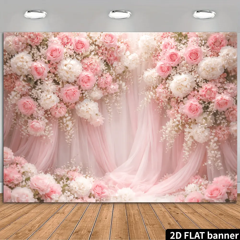 1PC 2D Flat Romantic Blush Pink Rose Floral Backdrop, White Hydrangea Baby's Breath with Soft Pink Tulle Drapes, Floral Curtain Design HD Print Durable Polyester, for Wedding Proposal Engagement Bridal Shower Birthday Party Photoshoot Photo Booth Indoor O