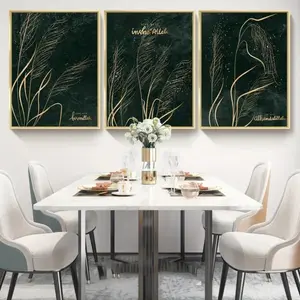 3 Pieces Dark Green Tone Wild Grass Reed Botanical Art, Wall Decor Mural, Creative Home Art, Pastoral Gallery Decor, Dark Tone Painting, Wall Decor for Studio and Balcony, Framed or Unframed.