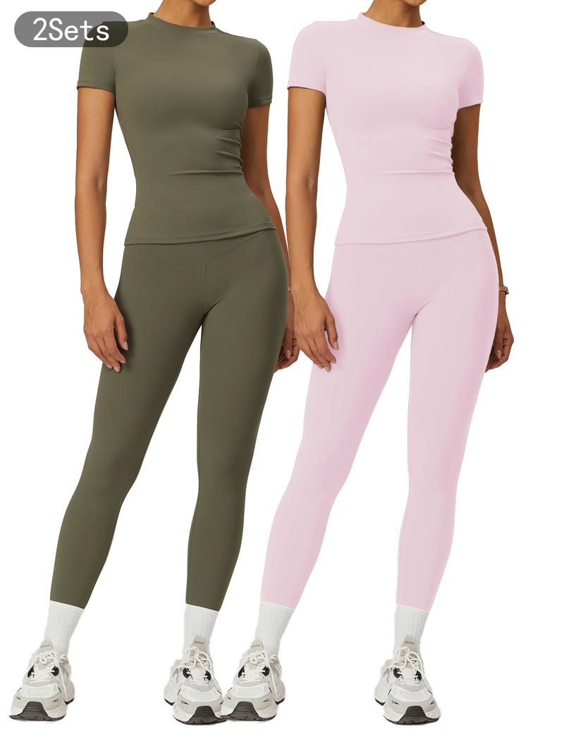 Women's Plain Round Neck Crop Tee & High Waist Leggings Yoga Set, Breathable Quick-Drying Short Sleeve T-Shirt & Skinny Pants Set for Gym Workouts and Running, Ladies' Sportswear for All Seasons, Athleisure Wear