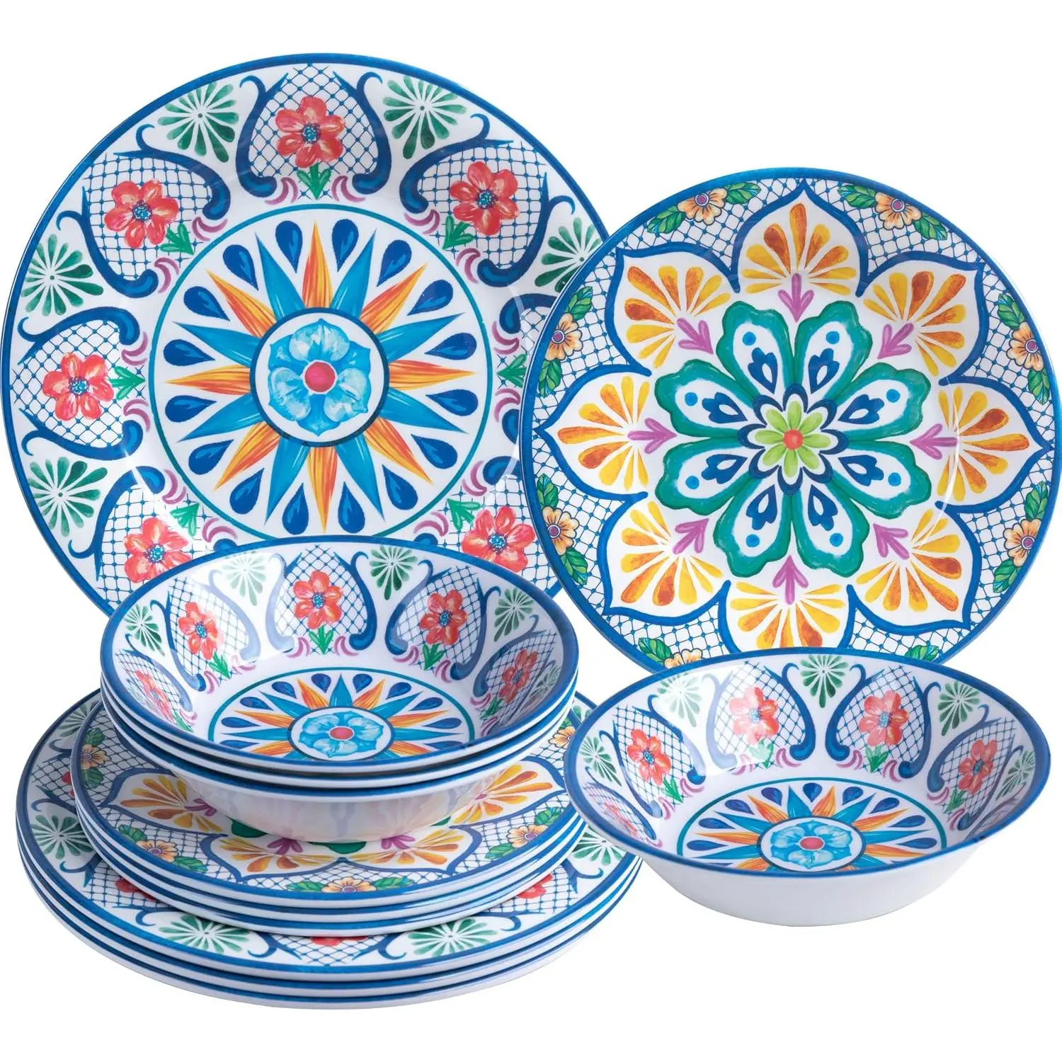 Melamine Dinnerware Sets, 12- Dinner Dishes Set for 4, Durable & Non Breakable Plates Bowls Set, Shatterproof  Dishware for Outdoor Dining,Picnic,Camping,RV–Paisley Design