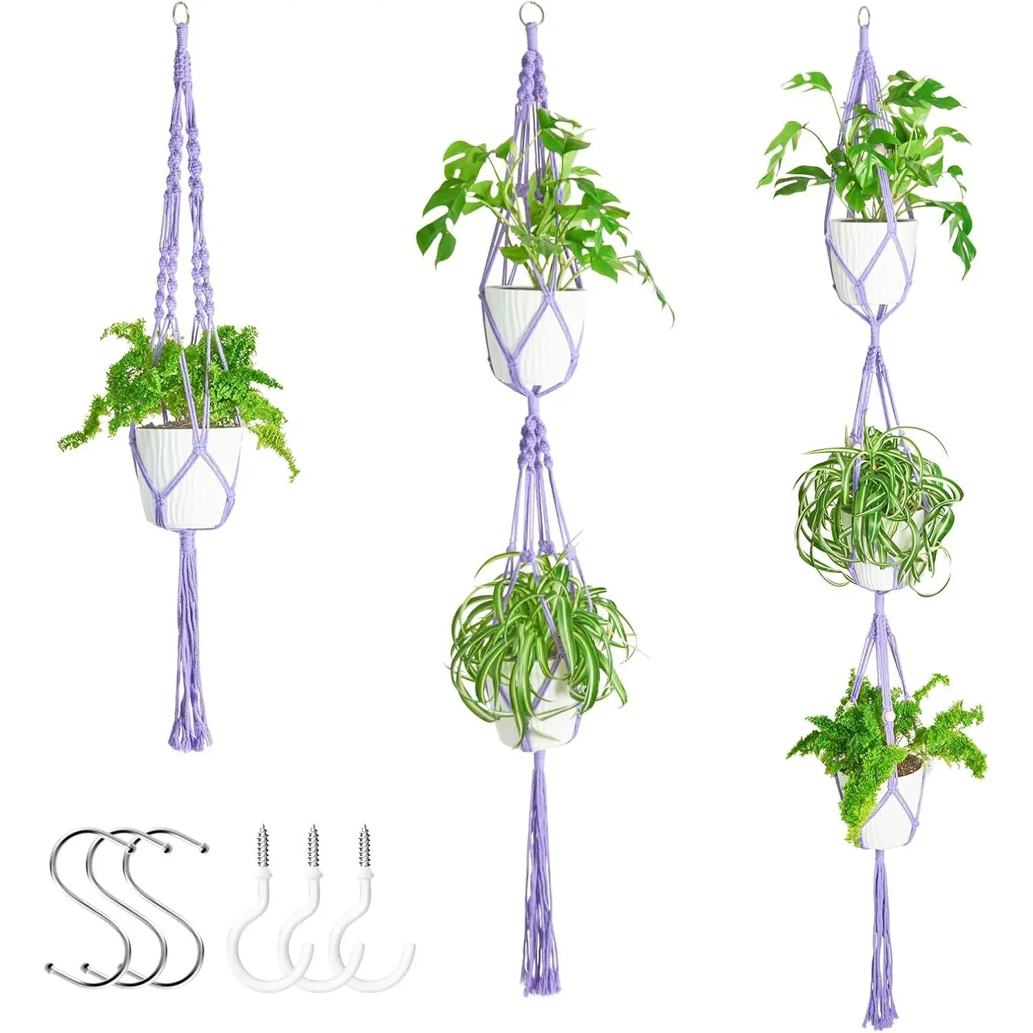 3 Pack  Macrame  Hanger Bathroom Wall Decor Indoor Set |  Planters Holder for Indoor  with Hooks,  Woven  Rope with Beads, Boho House and Office Decor