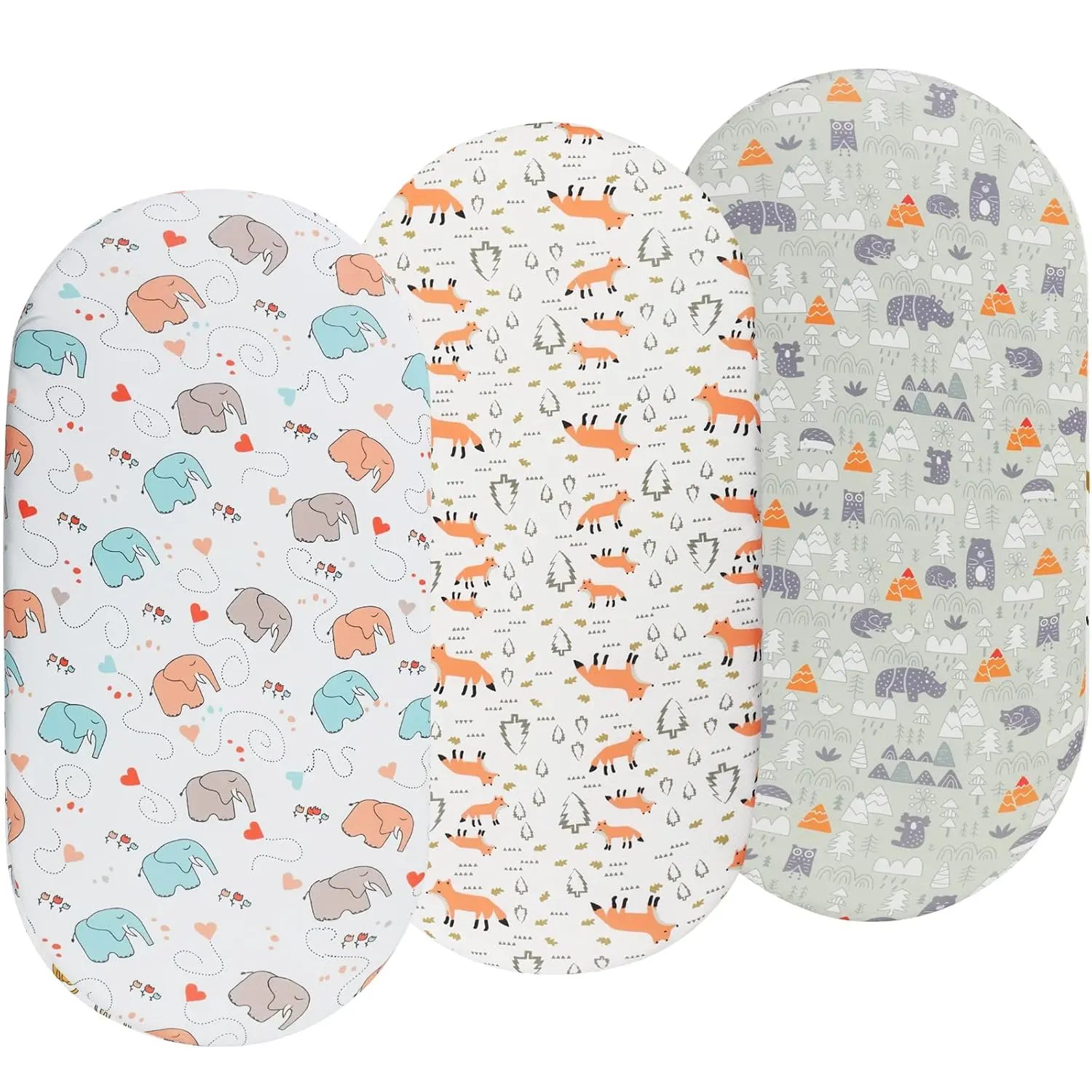 Bassinet Sheets 3 Pack  Baby Boy, Soft Stretchy Universal ted Sheet Set  Oval Rectangle Hourglass Bassinet Mattress, Forest Fox Elephant Printing