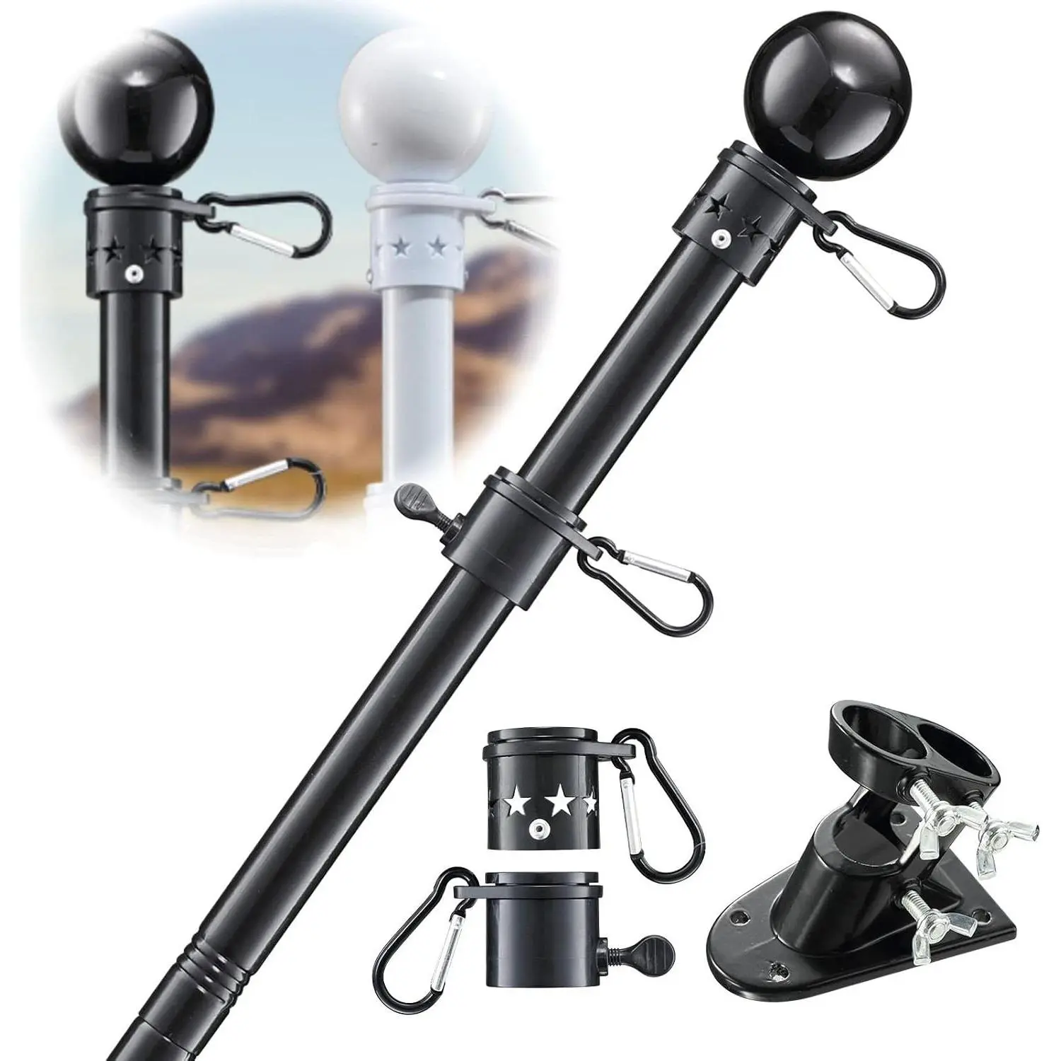 Flag Pole for Outside House 5ft Stainless Steel Heavy Duty Flagpole Kit Tangle Free Dual Angle Bracket for Grommet Flags Banner Garden Flag for Outdoor Porch Yard Garage Balcony Black