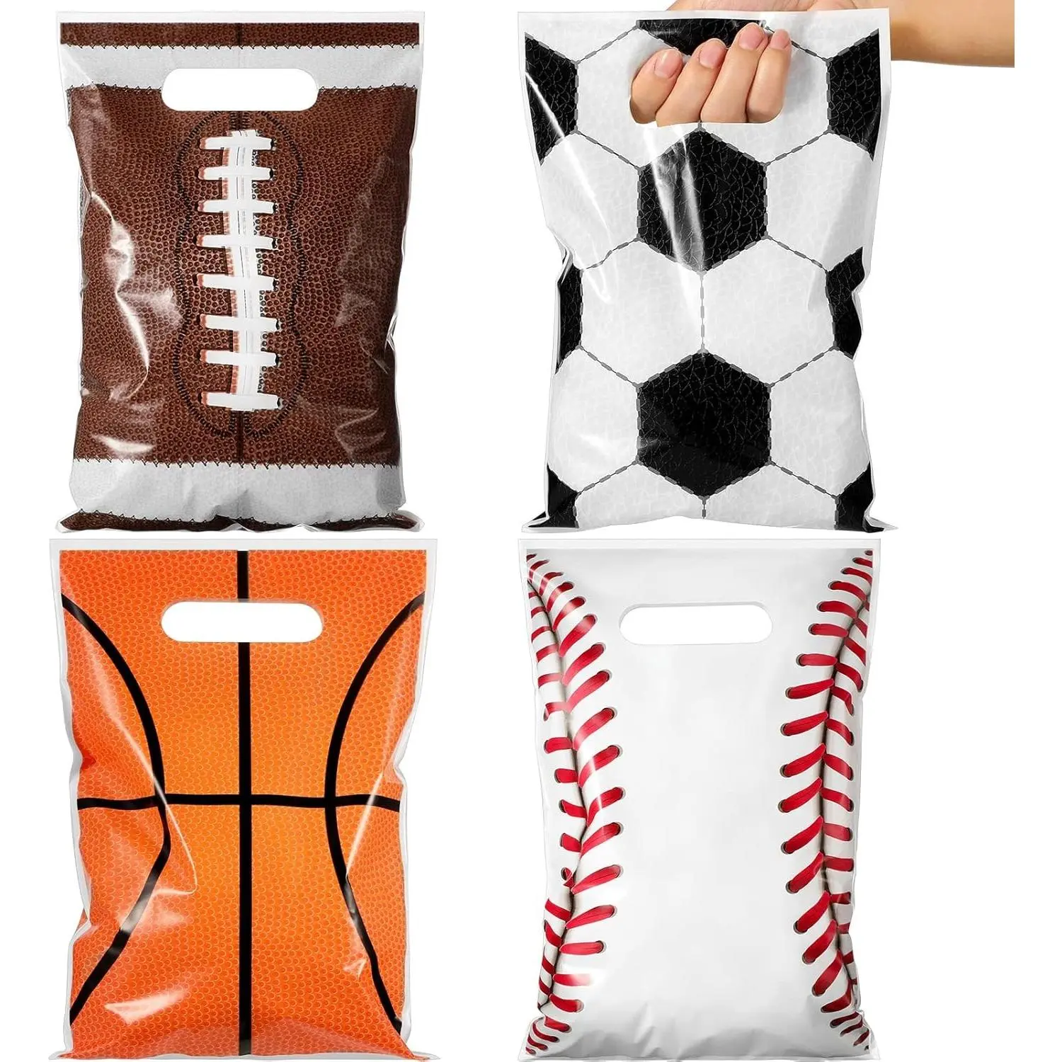 100 Pcs Football Sports Party Favor Bags Soccer Candy Gift Plastic Goodie Treat Bags Bulk with Handles for Baseball Basketball Theme Event Gift Bag Birthday Supplies Decorations