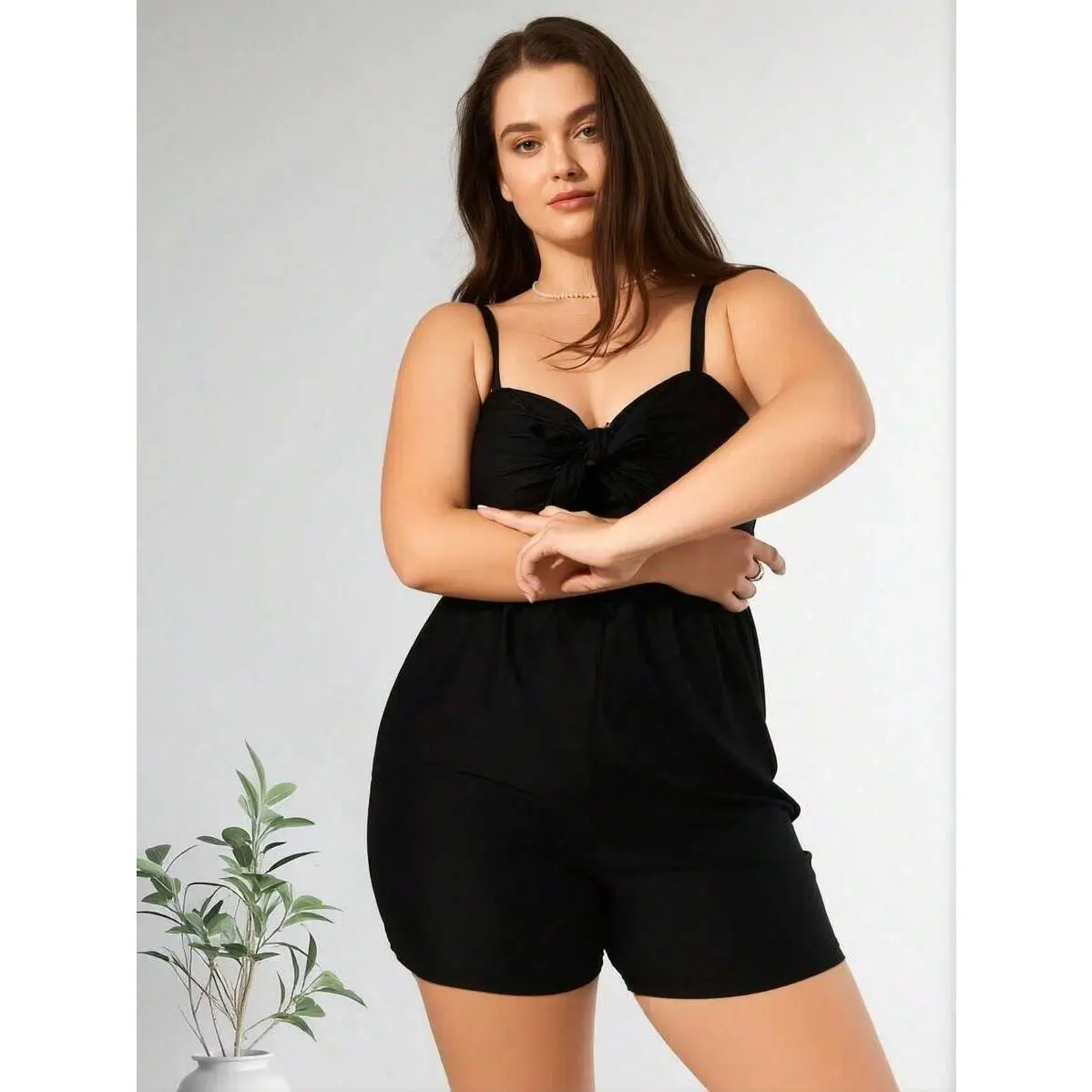 Plus Size Black Romper Swimsuit, Tie Front One-Piece Swimdress With Shorts, Tummy Control Beach Vacation Pool Party Bathing Suit