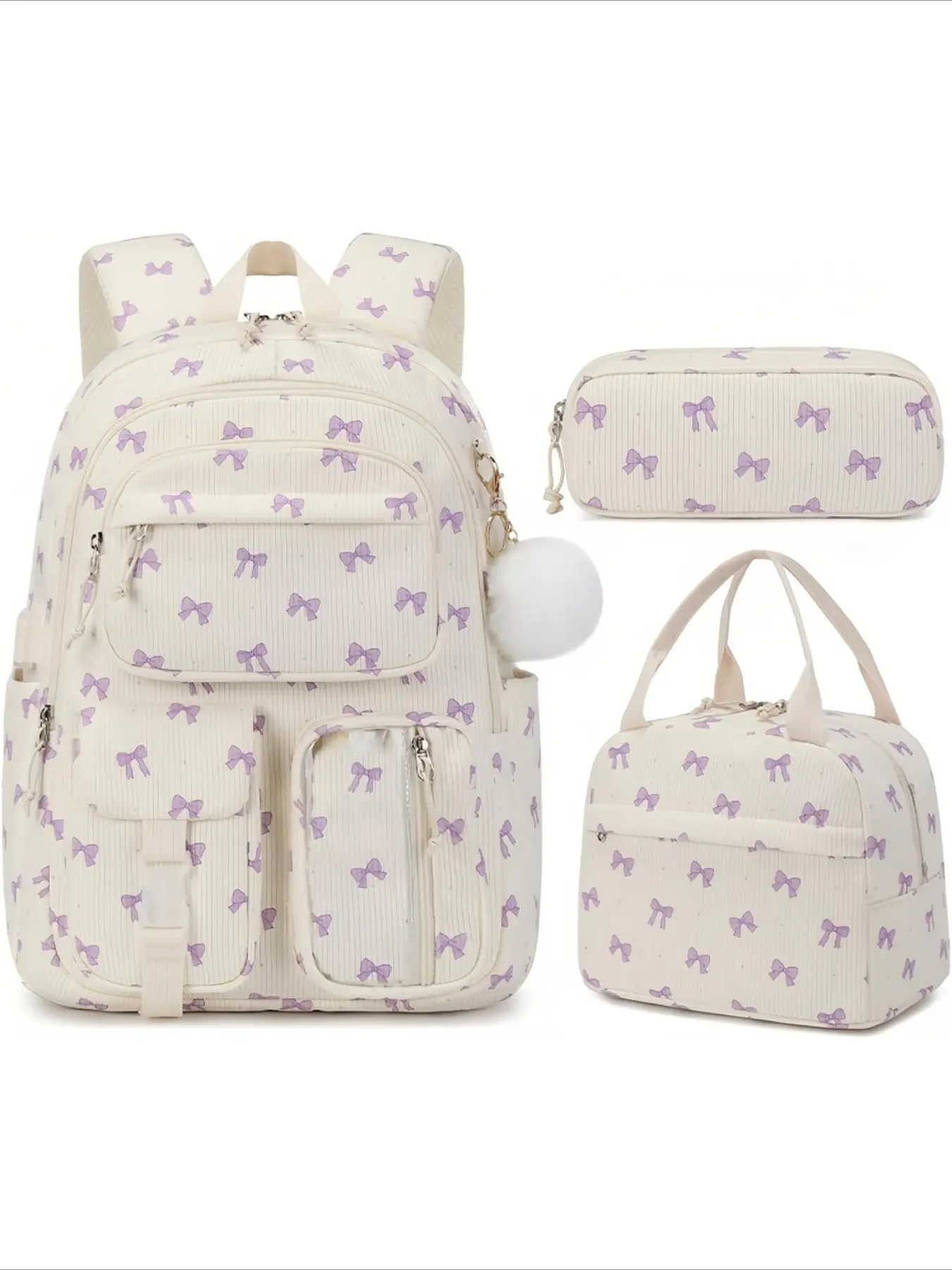 3pcs Strawberry Print Backpack Set, Cute Aesthetic Corduroy School Bag, Multi Pocket Lightweight Backpack, Insulated Lunch Bag, Pencil Case, Pom Pom Pendant