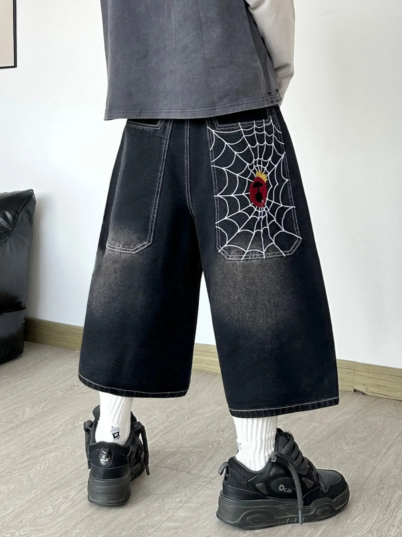 Men's Vintage Washed Mesh Embroidered Loose Jeans, Y2K Streetwear Fashion Seven-Quarter Pants, Casual Travel Wear, No Belt Included