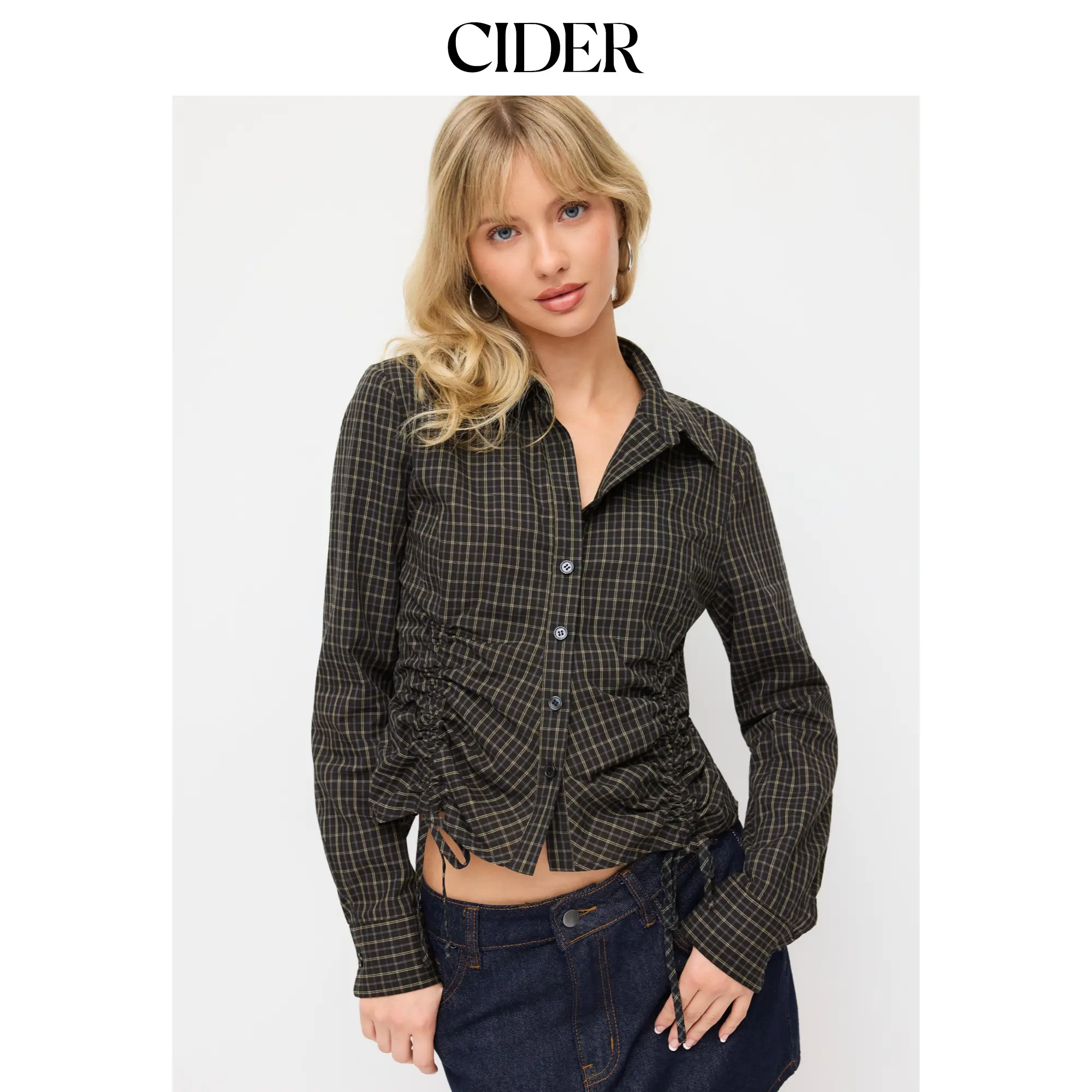Cider Plaid Drawstring Long Sleeve Shirt