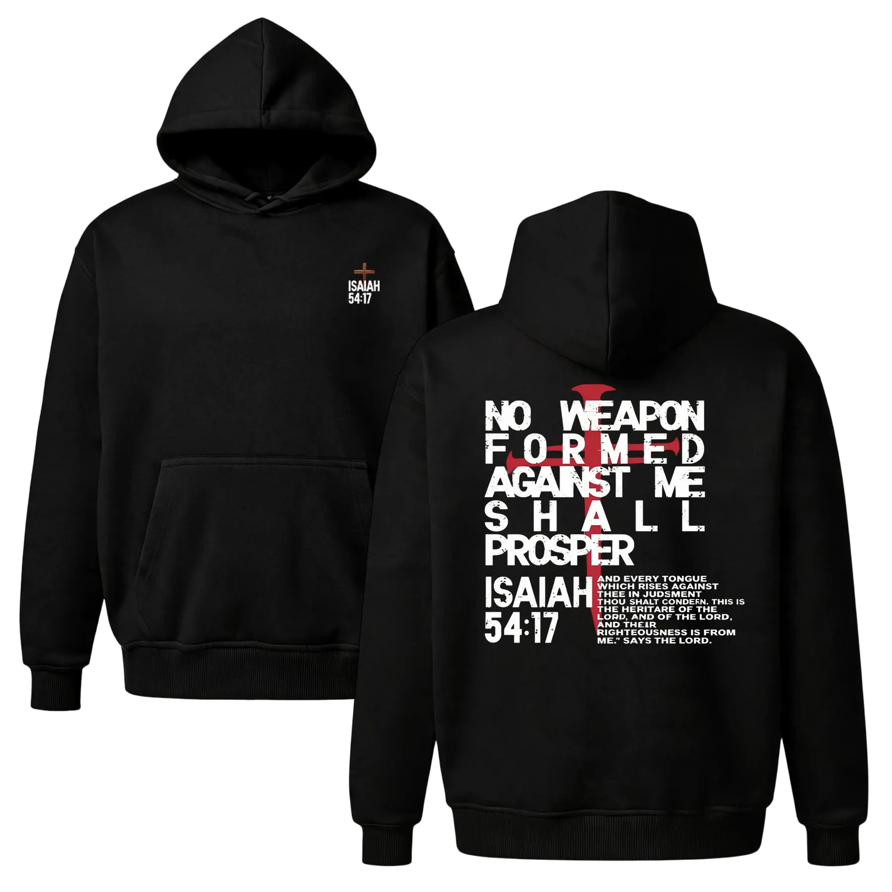 "No Weapon" Scripture Hoodie |   Christian Streetwear Back Print Sweatshirt |   Isaiah 54:17 Faith Pullover |   Oversized Unisex Fleece Top |   Spiritual Warrior Hoodie for Men & Women