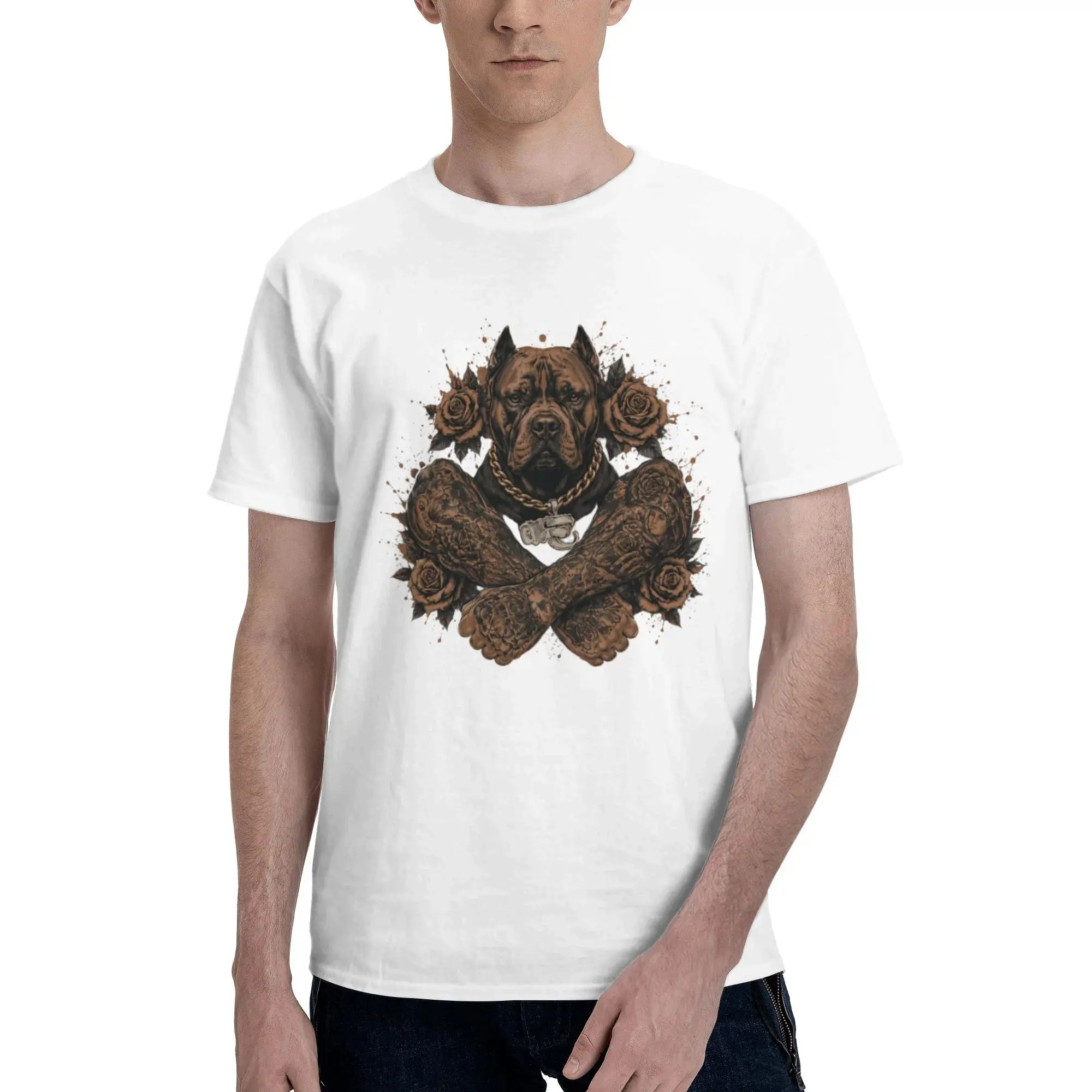 Vintage Tattoo Pitbull & Rose White Cotton Tee, Ink Muscular Dog Art Unisex Short Sleeve Tee, Retro Urban Streetwear For Pitbull Breed Lovers, Bold Floral Canine Print For Dog Owners & Tattoo Fans Daily Punk Casual Street Outfits.