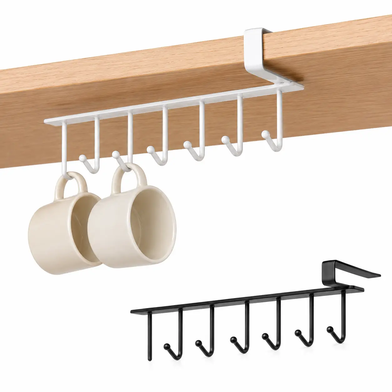 2pcs Hanging Mug Hanger Rack, Under Shelf Storage Hooks Organizer Holder, Ideal for Kitchen Cabinet, Pantry, Cupboard, Desk, Counter, Bookshelf Organization, Black & White