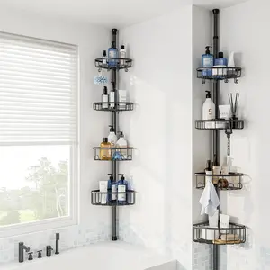 Corner Shower Caddy Tension Pole - Rustproof Stainless Steel Bath Organizer with Heavy-Duty Shelves & Hooks, Quick-Drain Mesh Design, 4-Tier Adjustable Storage (47-121 Inches), No-Drill Clamp Lock for Bathroom, Easy Assembly