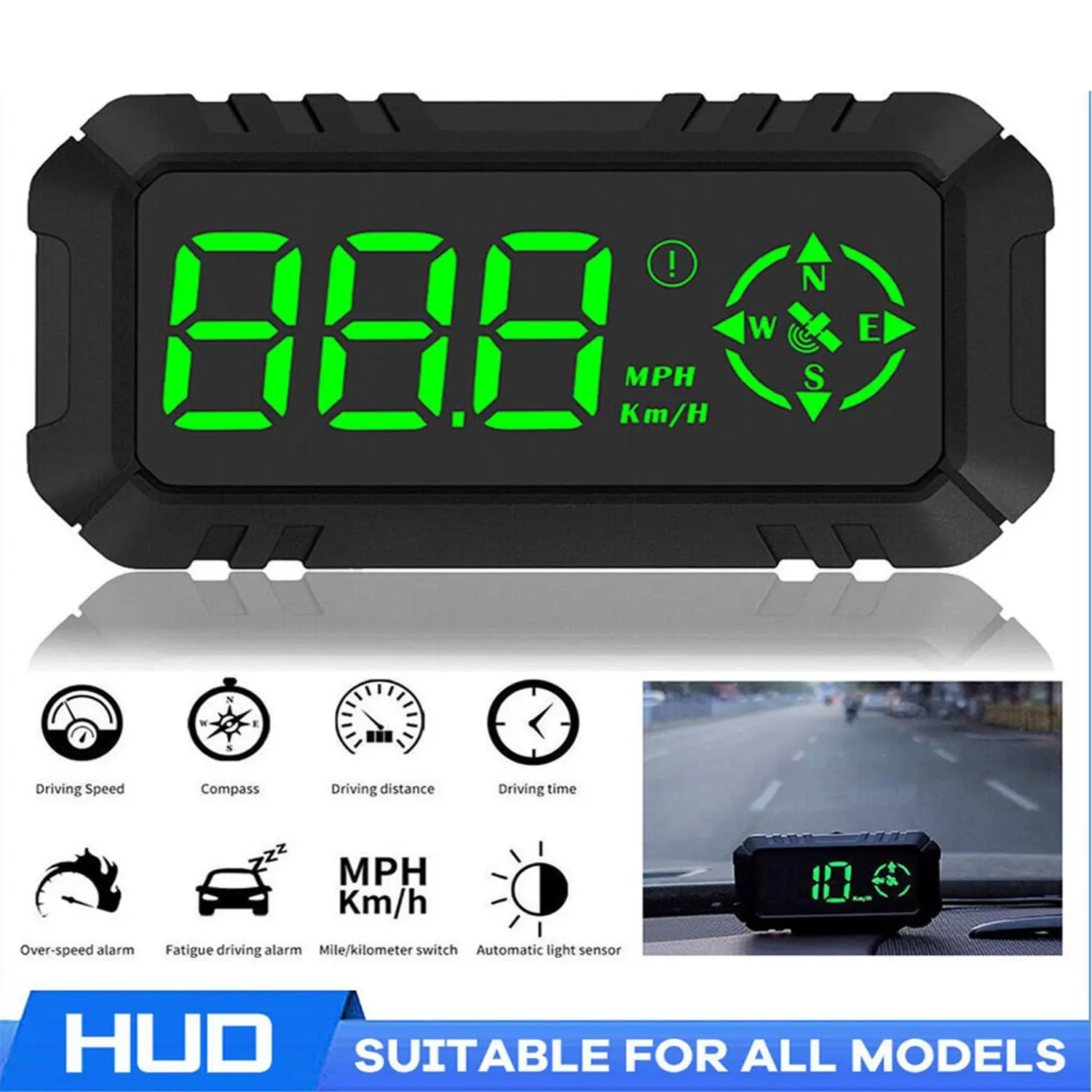 G7 Car Head-Up Display, Dual Km/mile Show, Digital GPS Speedometer, Over-Speed Alert, Fatigue Warning, Navigation Compass, 3-Inch LCD, USB Plug-And-Play