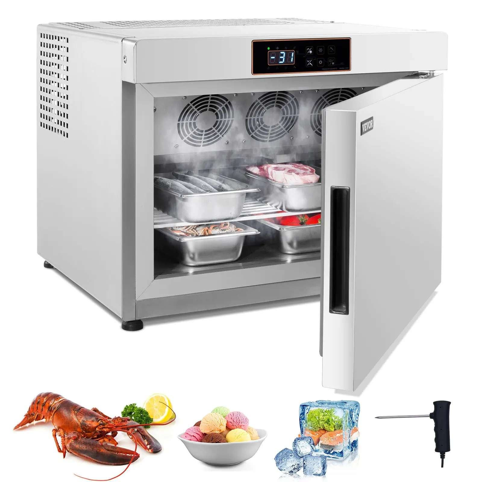 【Summerfinds】VEVOR Commercial Blast Freezer, 32 L/ 1.1 Cu. ft Blast Chiller with 4 1/3 Trays, Blast Chiller Freezer Chest with Cooling Freezing Modes, Stainless Steel Food Blast Freezer for Restaurant, Seafood