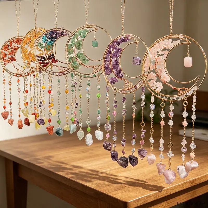 Crystal Suncatcher Wind Chime, Minimalist Tree of Life Moon Window Hanging Ornament, Handmade Craft Decor With Multicolor Chakra Crystal Chips, Rainbow Maker Prism Pendant Perfect For Indoor Window Sill Home & Housewarming Gift,woman,,heart,choker,