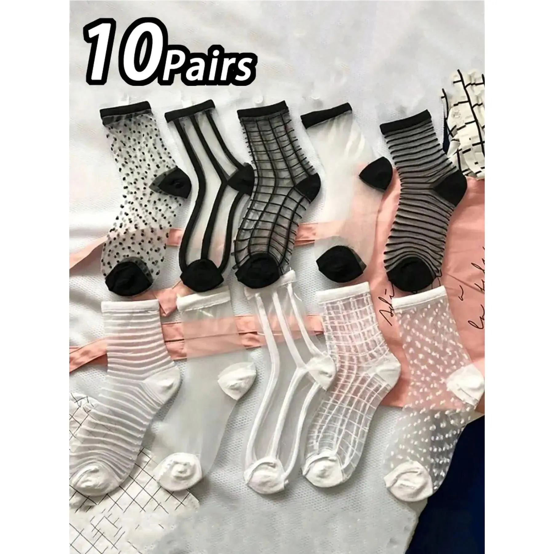 10-Pairs Women's Plaid Print Sheer Mid-calf Socks, Fashion Casual Comfy Breathable Socks for Daily Outdoor Wear, Women Socks for All Seasons, Breathable Fabric Socks, Socks Set