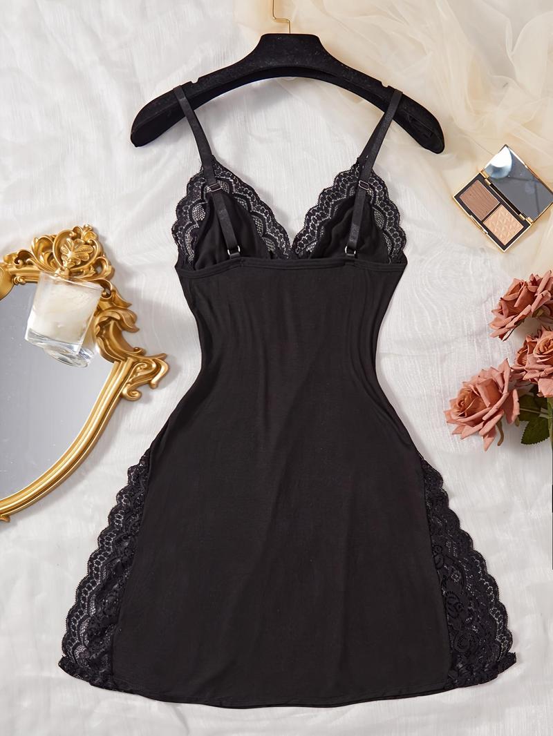 Women's Solid Color Lace Trim Nightdress, Elegant Comfy Soft Sleepwear Loungewear Cami Nightgown for All Seasons, Fashion Ladies' Sleepwear for Daily Wear, Womenswear