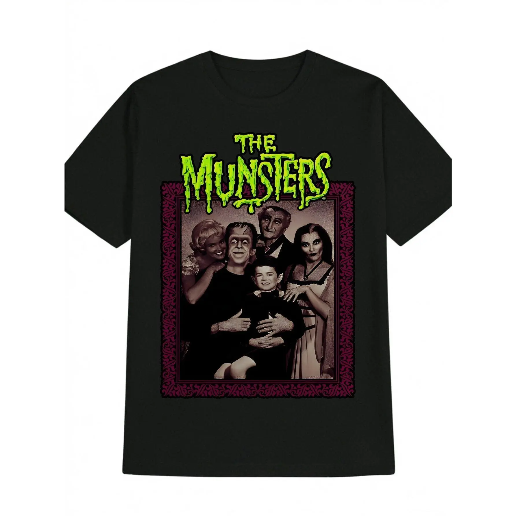 The Munsters Classic Family Portrait T-Shirt - Retro Horror Comedy Graphic T-Shirt, Casual Crew Neck, Super Soft Pure Cotton, Breathable Short Sleeves, Ideal for Summer Wear - Perfect Halloween Costume, Valentine's Day Gift for Men, Fun Prank Gift