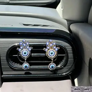 2-Pack Car Air Vent Clips, Trendy Evil Eye & Hamsa Hand Car Interior Accessories, Retro Enamel Aluminum Alloy Car Charm Decor, Non-Fragrance Fashion Car Vent Decoration, Protective Amulet Style Auto Ornament for Everyday Driving & Gift Idea