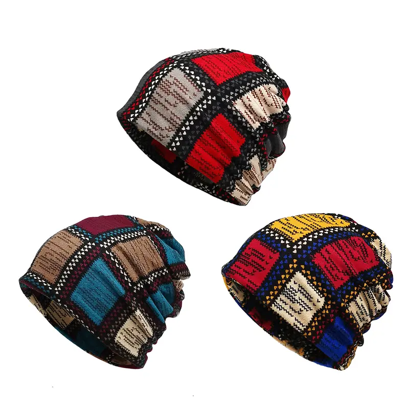 Unisex Geometric Checked Polyester Knit Beanie - Elastic Slouchy Sports & Outdoor Hat, Warm Breathable Cap for Couples Who Love Matching Accessories, Hiking, Cold Weather Commute, All Seasons
