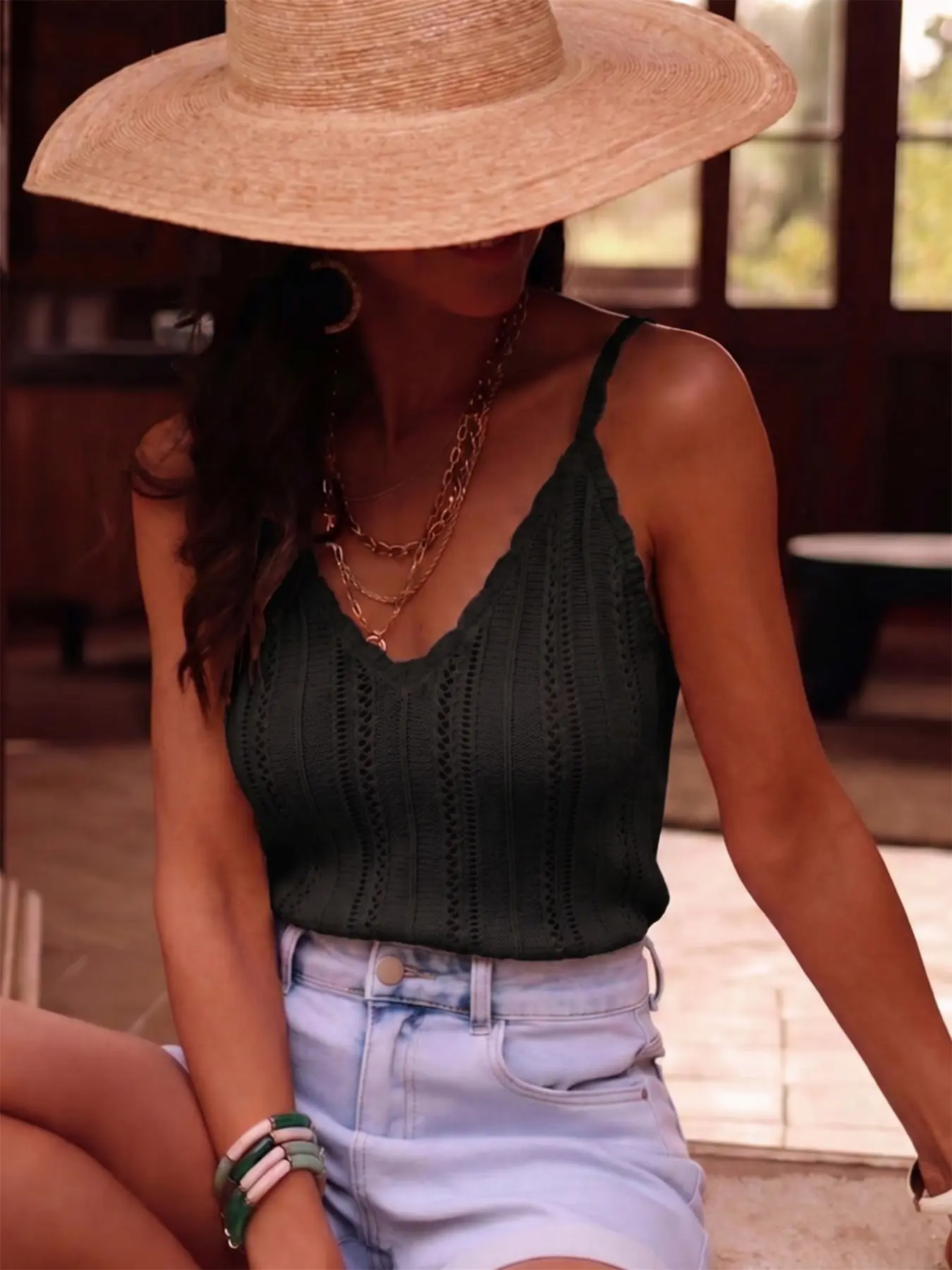 Women's V Neck Knit Cami, Casual Chic Hollow Out Sleeveless Camisole Tank Top for Summer Beach, Trendy Pointelle Knitwear for Daily Wear