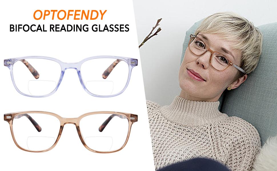 Bifocal Reading Glasses for Women, Blue Light Blocking Readers with Spring Hinges, Clear Top Retro Square Frame