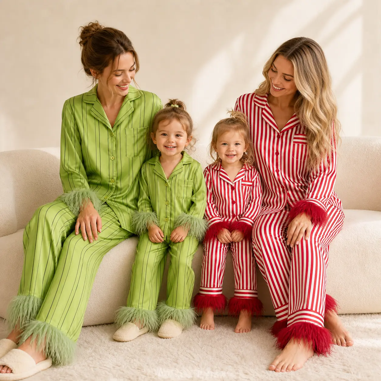Women's Fashion Parent-Child 2-Piece Striped Polyester Satin Pajama Set - Red White & Green Stripe Options, Notch Collar, Feather Trim, Long Sleeve Top, Matching Pants, Luxury Silk-Feel Sleepwear