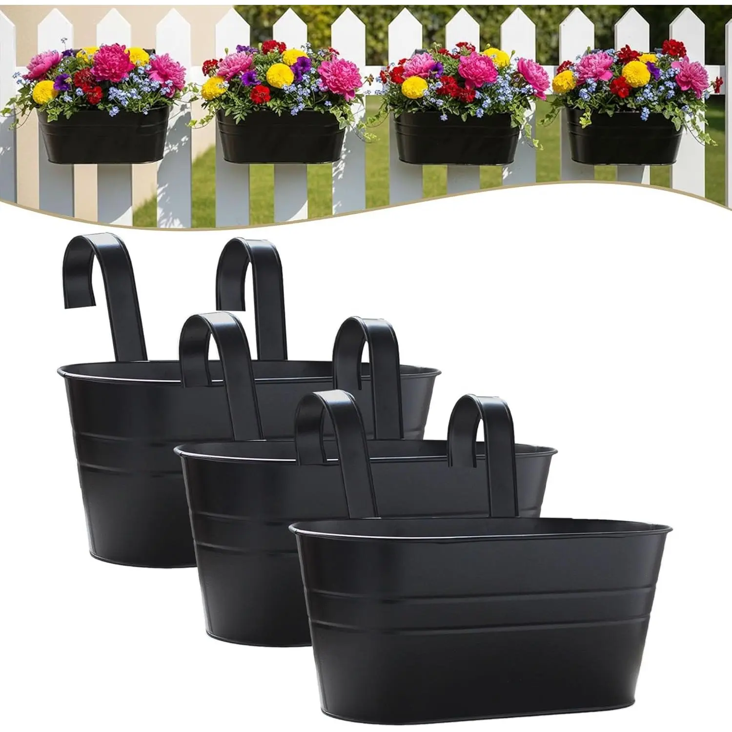 3 Pack 10.6 Inch Metal Hanging Flower Pot Oval Metal Railing Planter Balcony with Detachable Hook Indoor Outdoor Decor for Railing Fence Balcony Garden (Black)