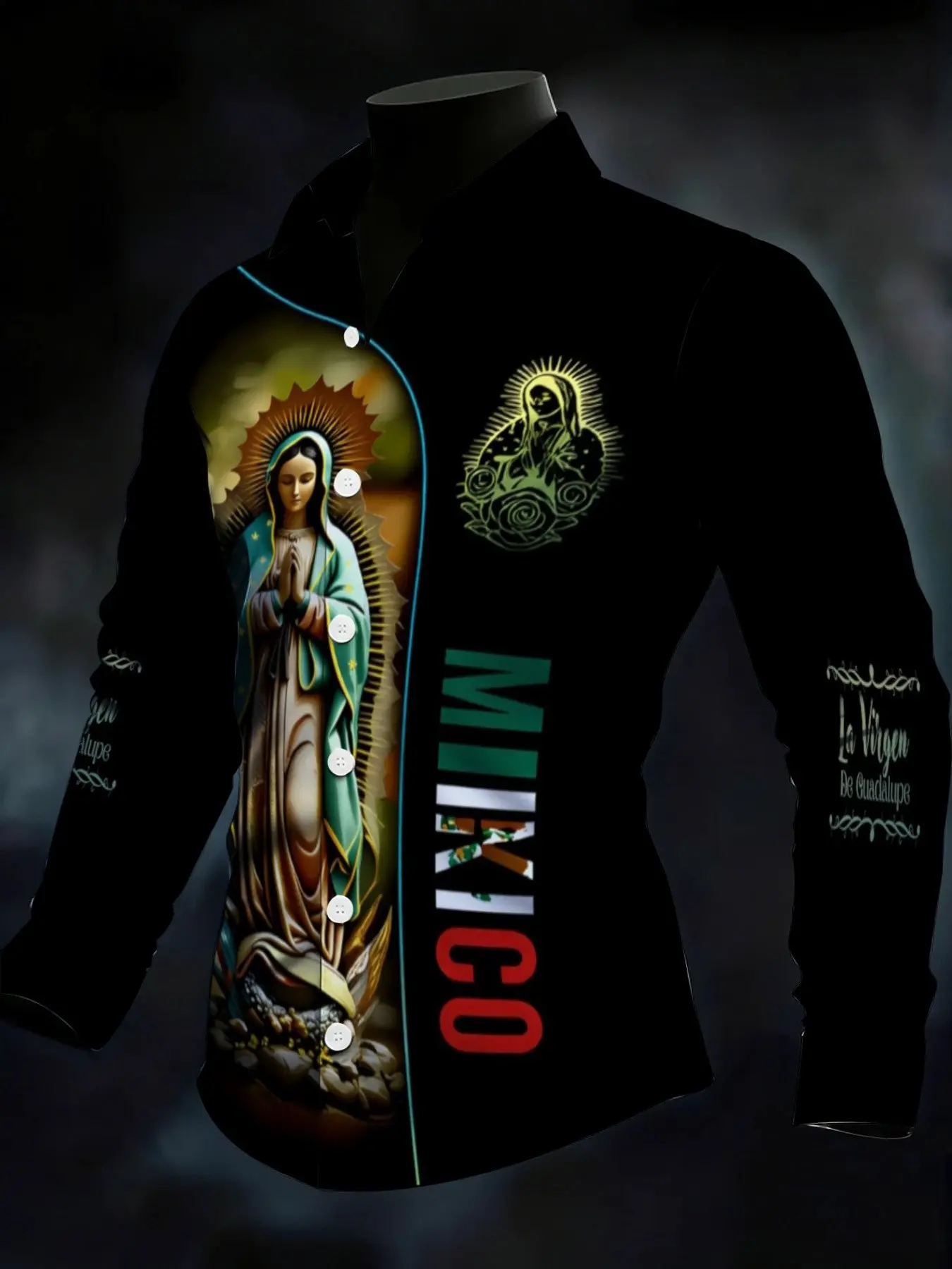 Men's Long Sleeve Shirt with Mexican Cultural Elements Print Aztec Pattern Shirt Virgin Mary Image Aztec Totem Floral Decoration Army Green and Black Classic Color Fashion Casual Versatile,,, Football Game Day Casual Outfit For Mexican FansSoccer Fan