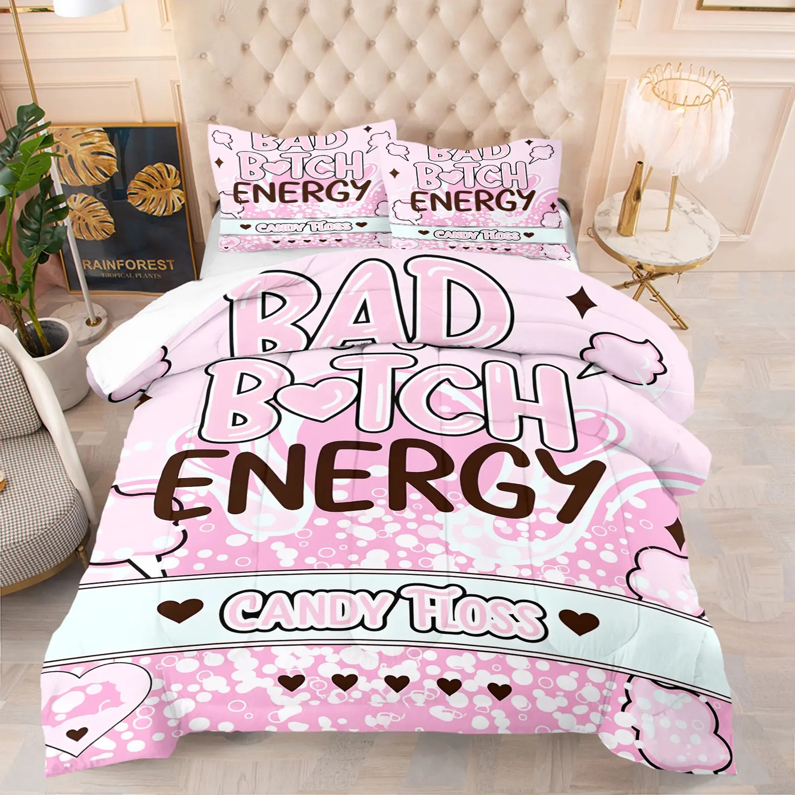"Bad Bitch Energy" Pink Bubble Candy Floss Print Comforter Set, 2/3 Piece Soft Microfiber Quilt with Pillowcases, Coquette Y2K Aesthetic Bedding Set for Bedroom & Dorm Decor, Perfect Gift for Bold & Sassy Teen Girls