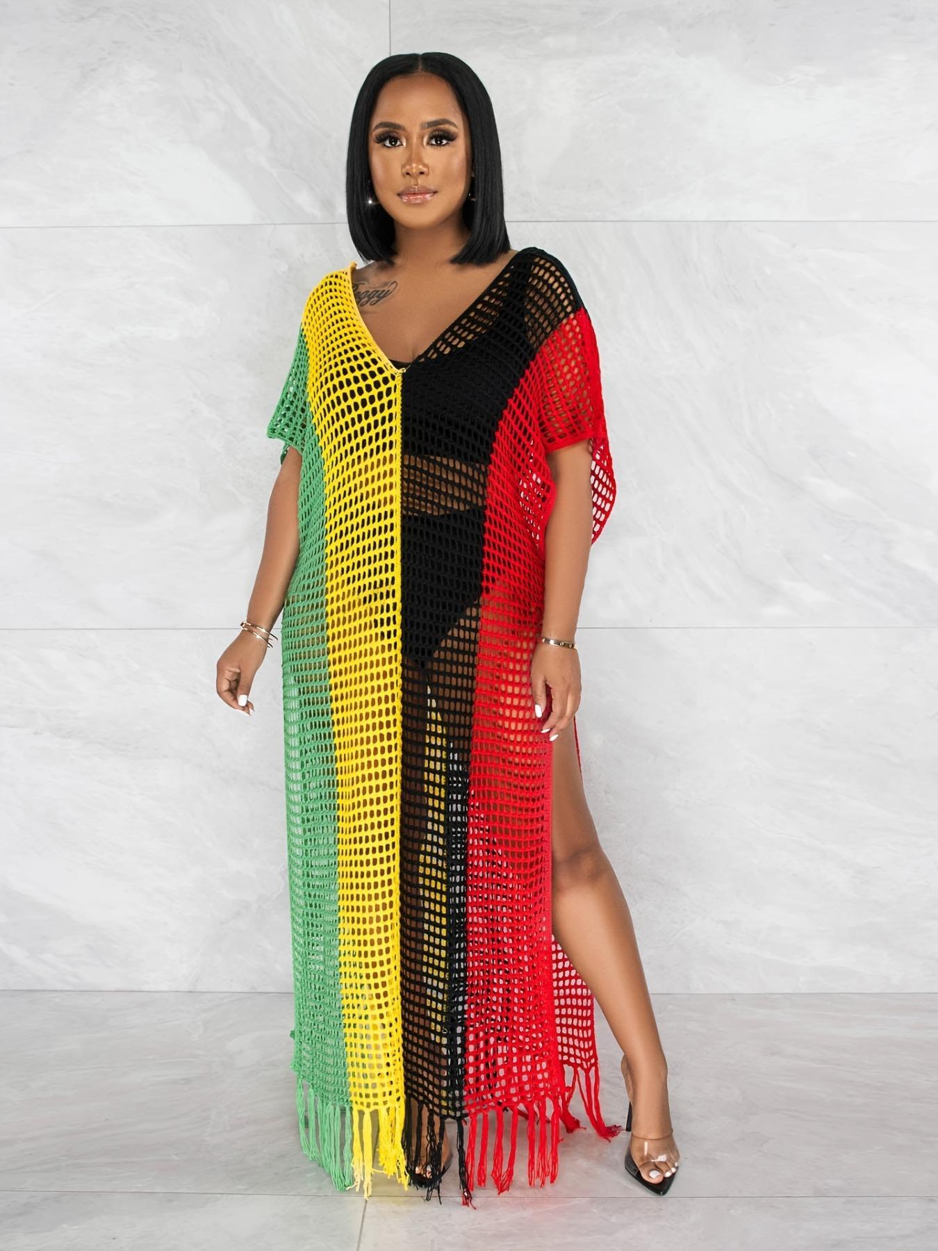 Plus Size Women's Striped Print Fringe Trim Hollow Out Split Thigh Sweater Dress, Plus Batwing Sleeve V Neck Cover Up Long Knitting Dress Swimsuit Cover Up Beach Cover Ups