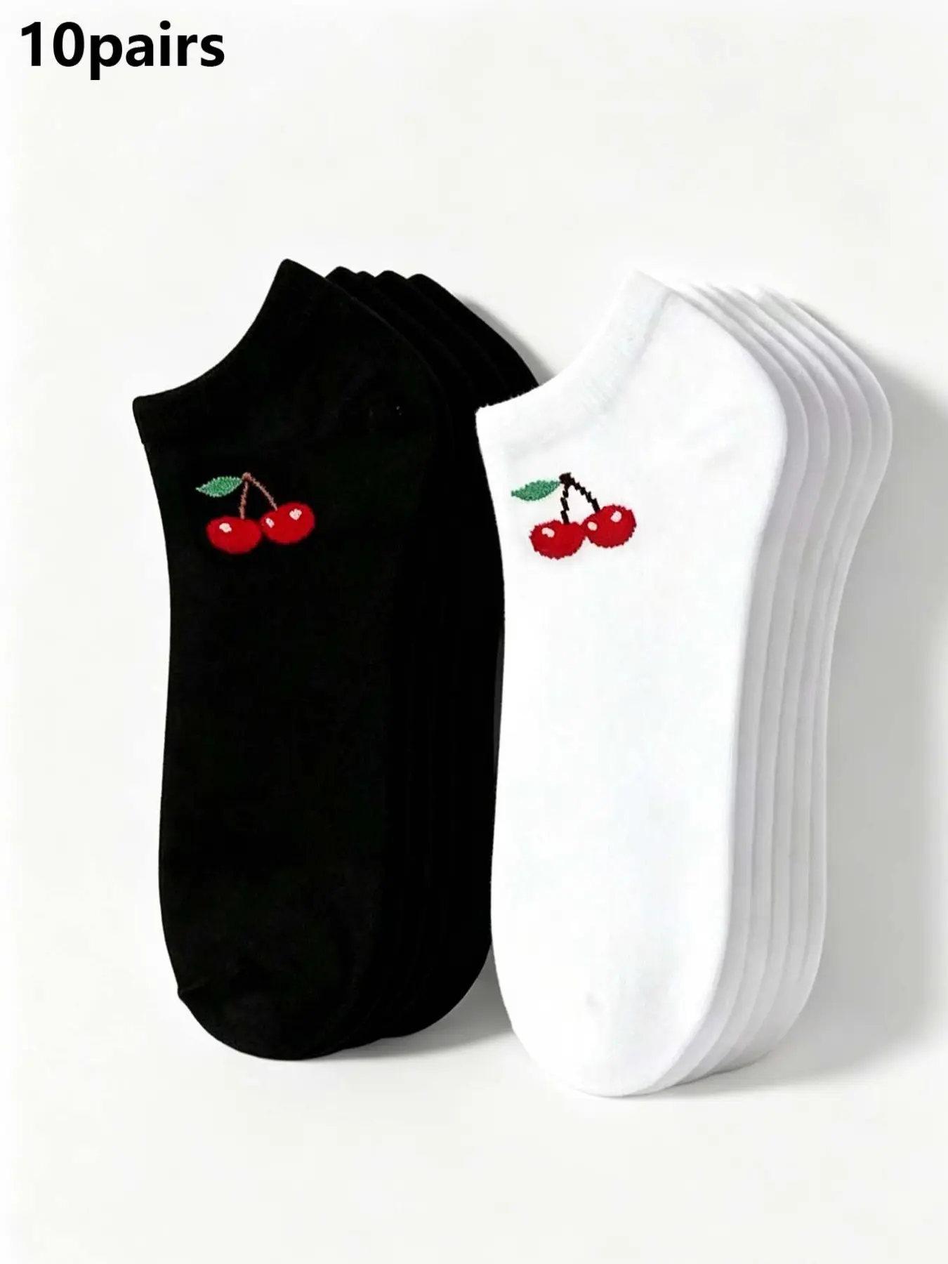 10 Pairs Women's Cherry Pattern Crew Socks, Sweet Breathable Invisible Socks, Ideal for Daily Wear, Sports, Home, All Seasons
