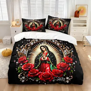 Our Lady of Guadalupe with Red Roses & Diamonds Duvet Cover Set, 1 Duvet Cover + 1/2 Pillowcases, No Filling, HD All Season Print, Soft Breathable Bedding, Black Background Guadalupe Virgin Mary Pattern for Religious Bedroom Decor
