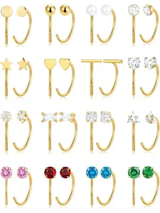 16 Pairs Half Circle Earrings, Stainless Steel Cartilage Helix Studs, Pearl Star Heart, Colorful Zircon Open Back, Gold Plated, Sleep Friendly