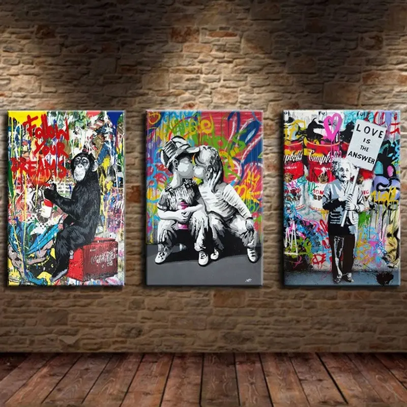 3pcs/set Unframed Wall Art Canvas Painting Abstract Banksy Graffiti Art Picture Funny Monkey Street Pop Wall Art Posters for Home Bedroom Decor