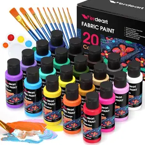 20 Colors Permanent Soft Fabric Paint Set for Clothes, 60ml/2oz Bottles with 10 Brushes & Palette