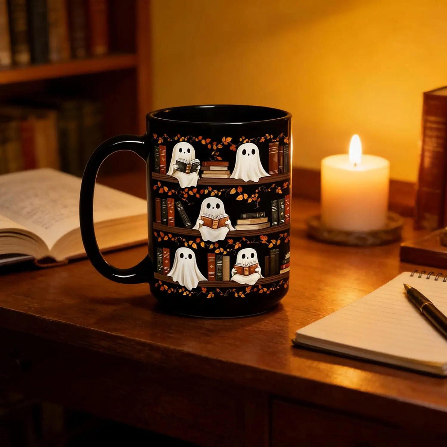 Halloween Cute Ghost Reading Coffee Mug, 15 Oz Black Ceramic Tea Cup, Spooky Book Mug For Book Lovers & Readers, Novelty Fun Festive Bookish Gift For Women, Halloween Gift, Christmas Gift
