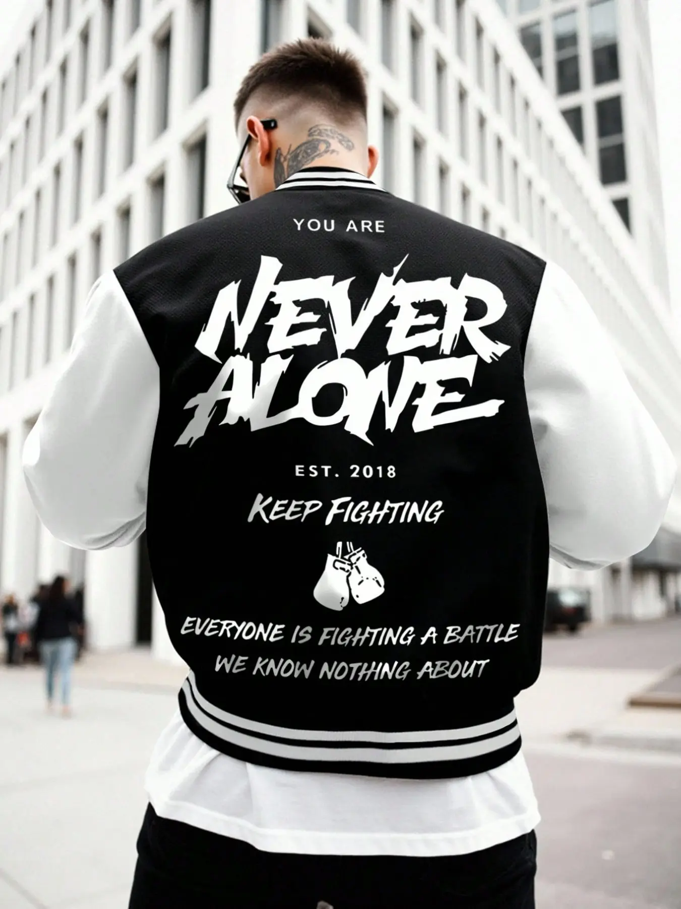 Men's Regular Fit Varsity Jacket, Color Block Baseball Coat with Boxing Glove & "Never Alone" Letter Graphic Print, Warm Button Up Outerwear for Daily Wear, Street Style, Outdoor, Fall Winter Casual Jacket